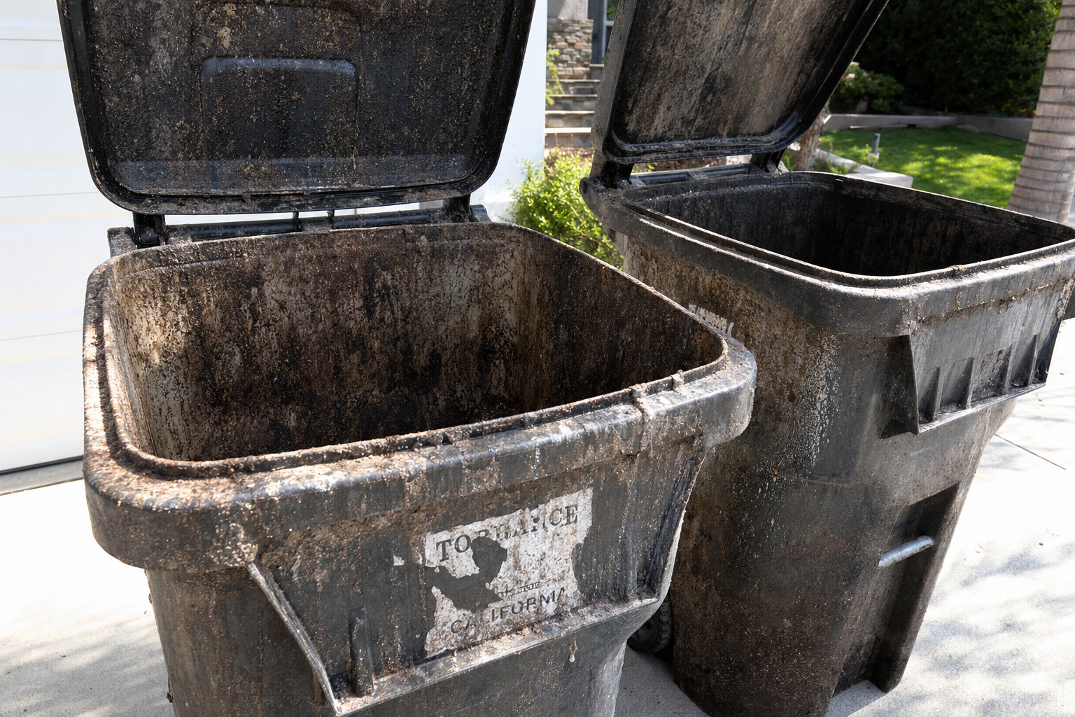 Dirty trash bins before washing