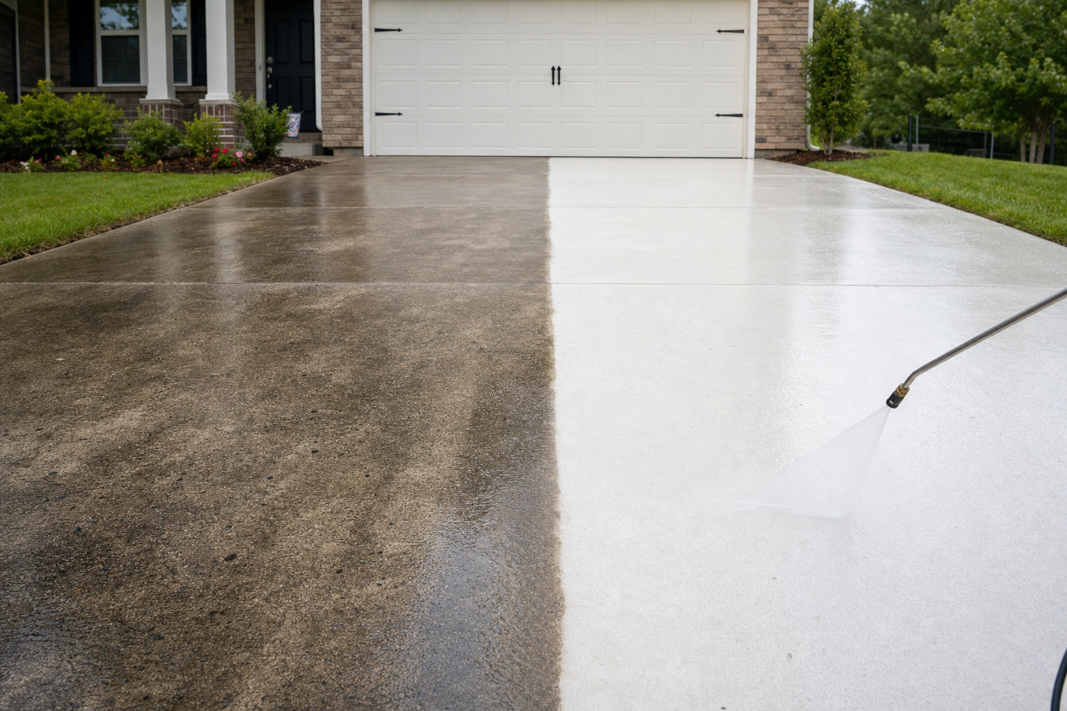 Clean driveway after power washing