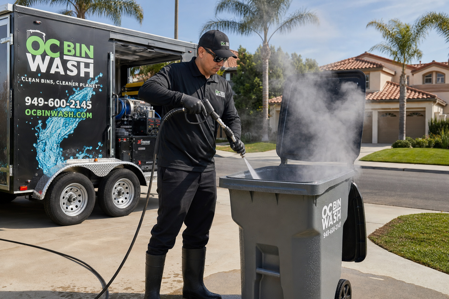 Trash bin sanitizing service with hot water pressure wash