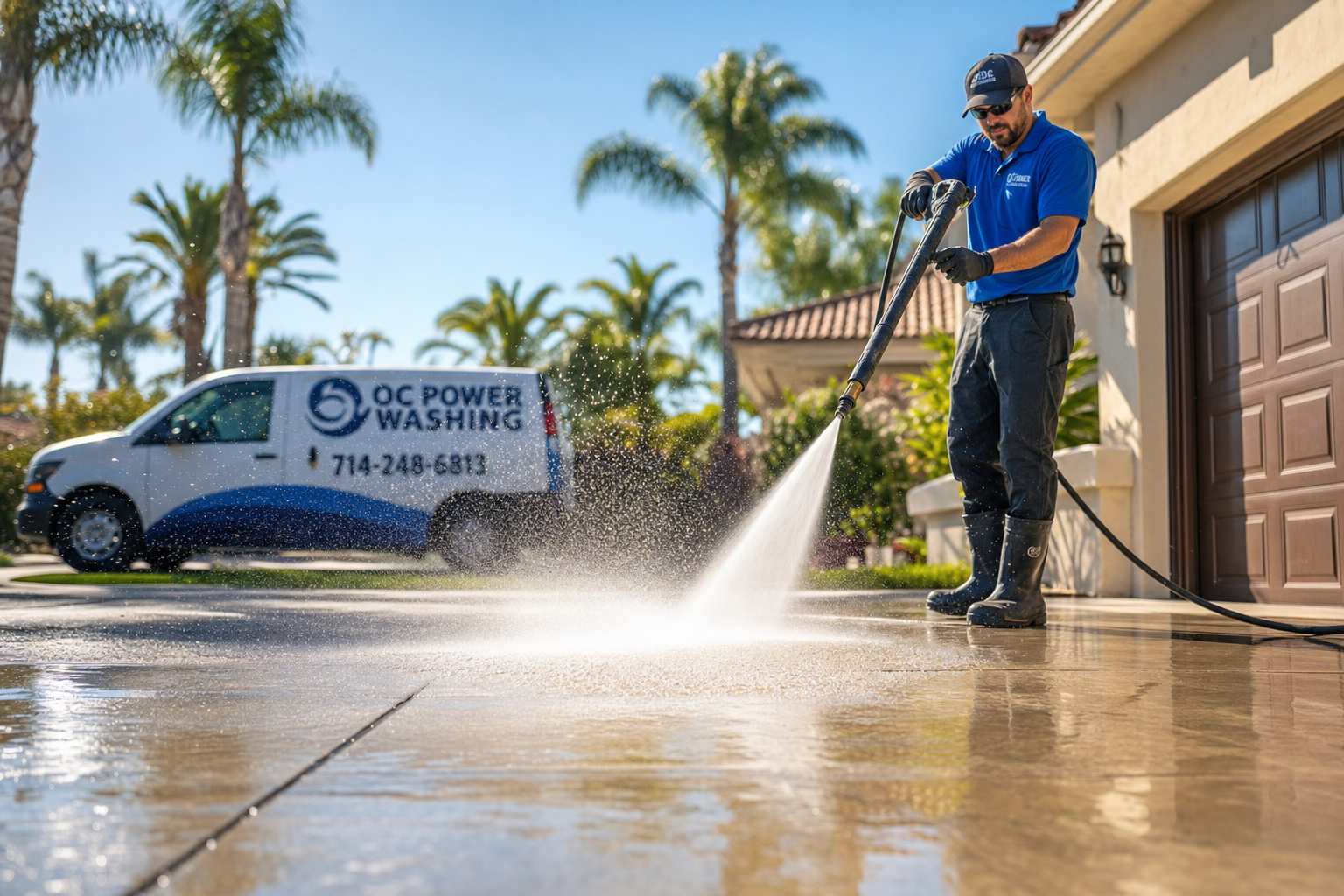 South Bay Sanitation technician power washing a driveway in a California neighborhood