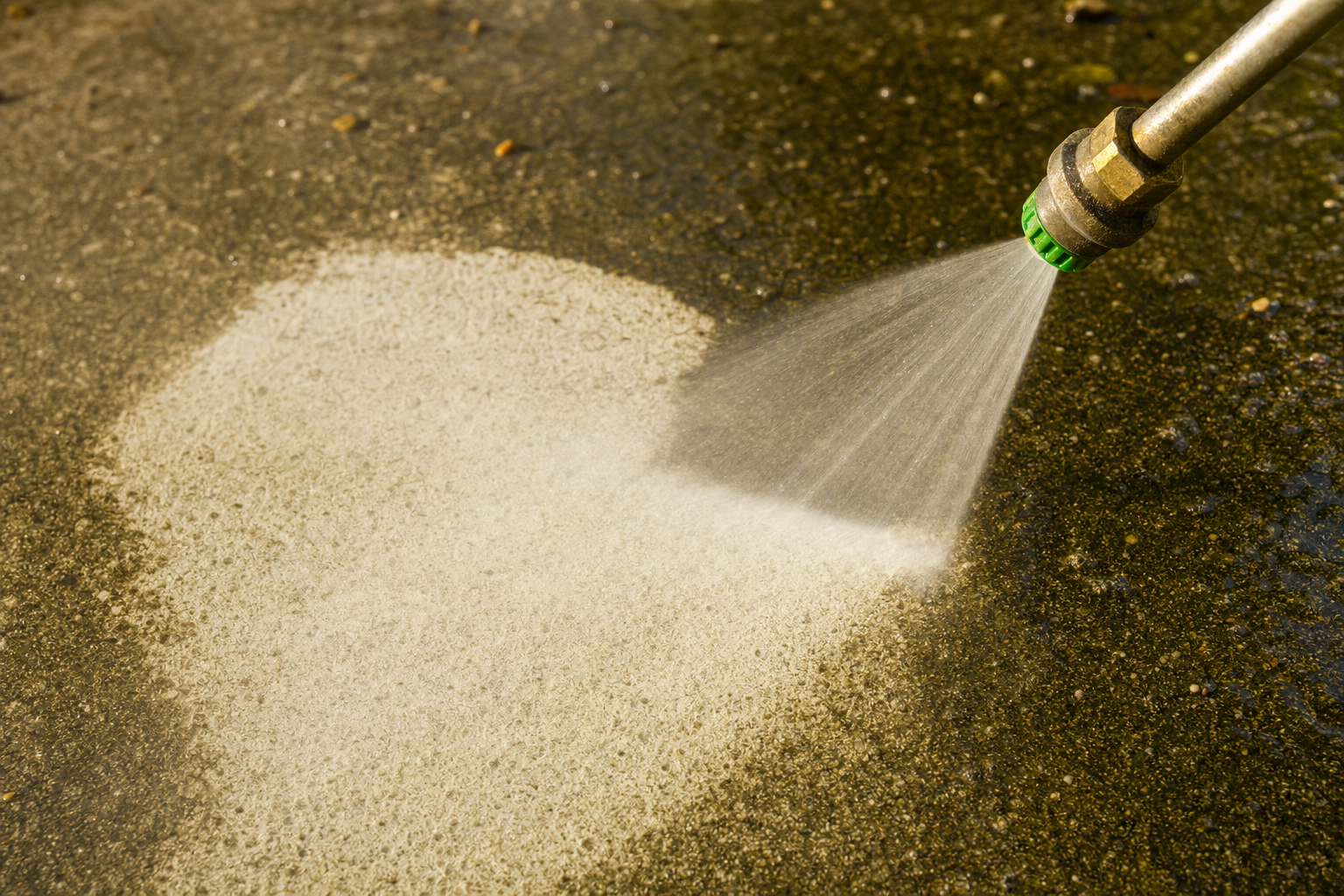 Close-up of high-pressure washing wand on concrete