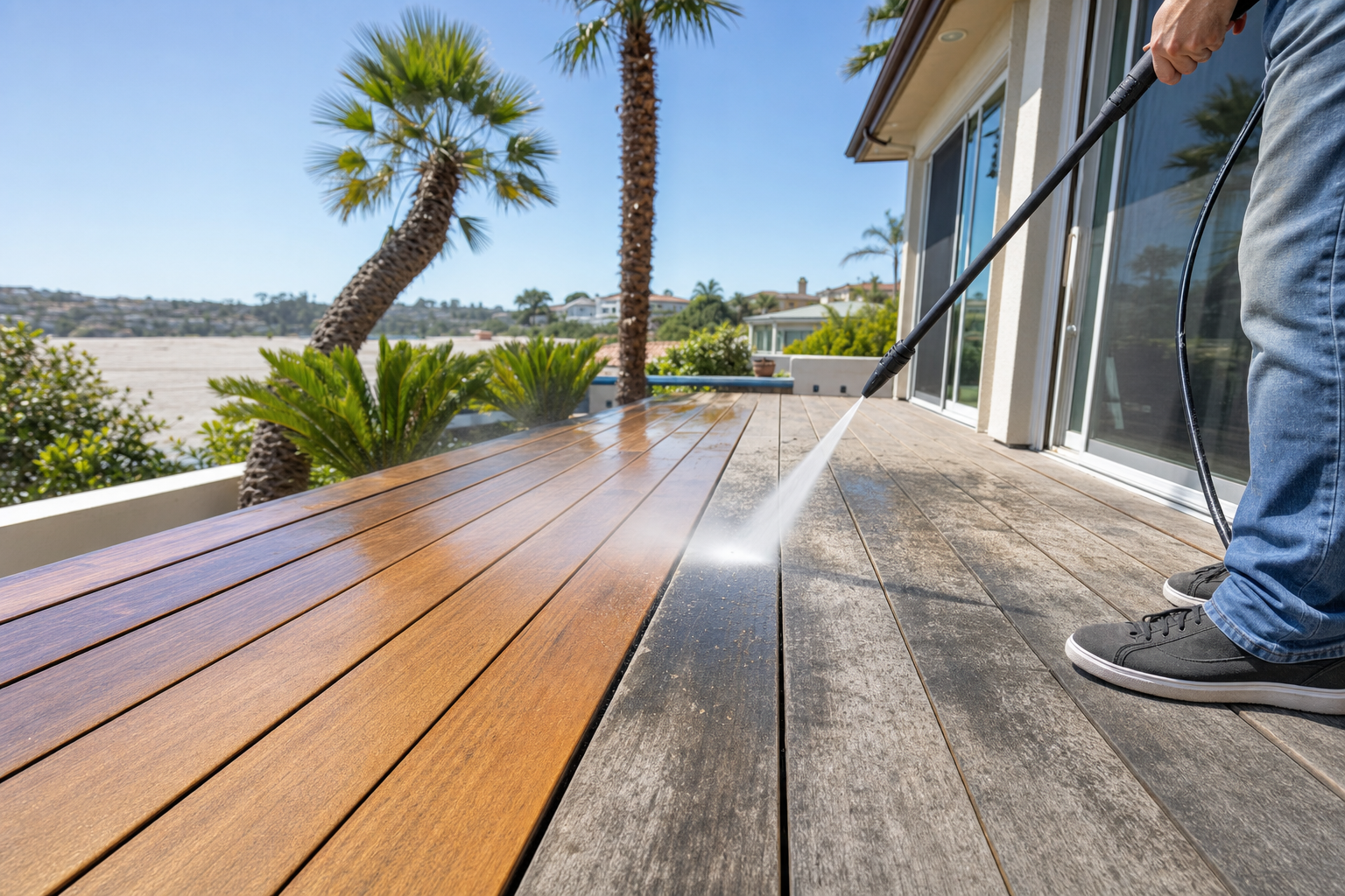 Power washing a deck on a California home revealing clean wood