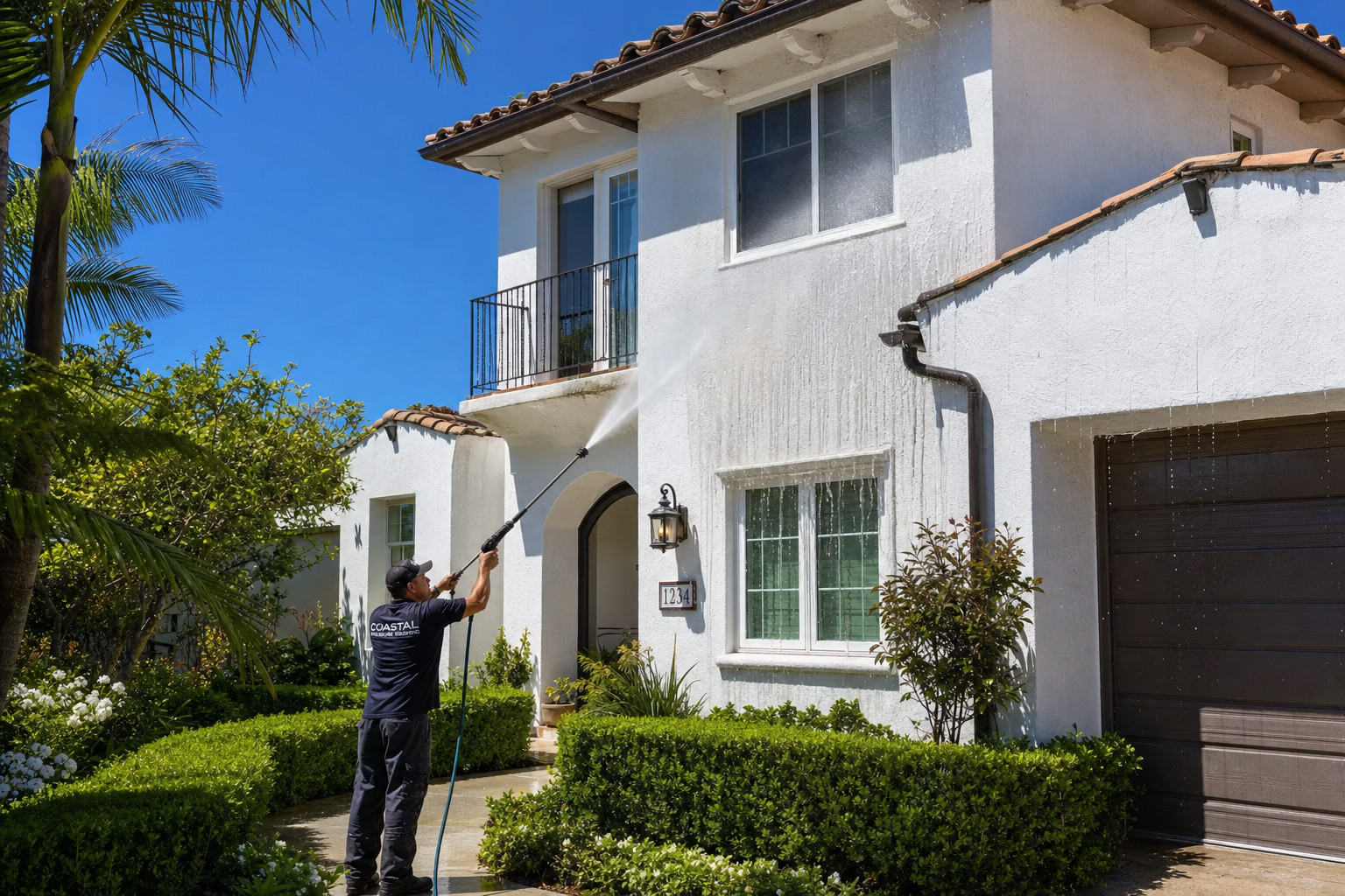 House exterior washing on a white stucco California home