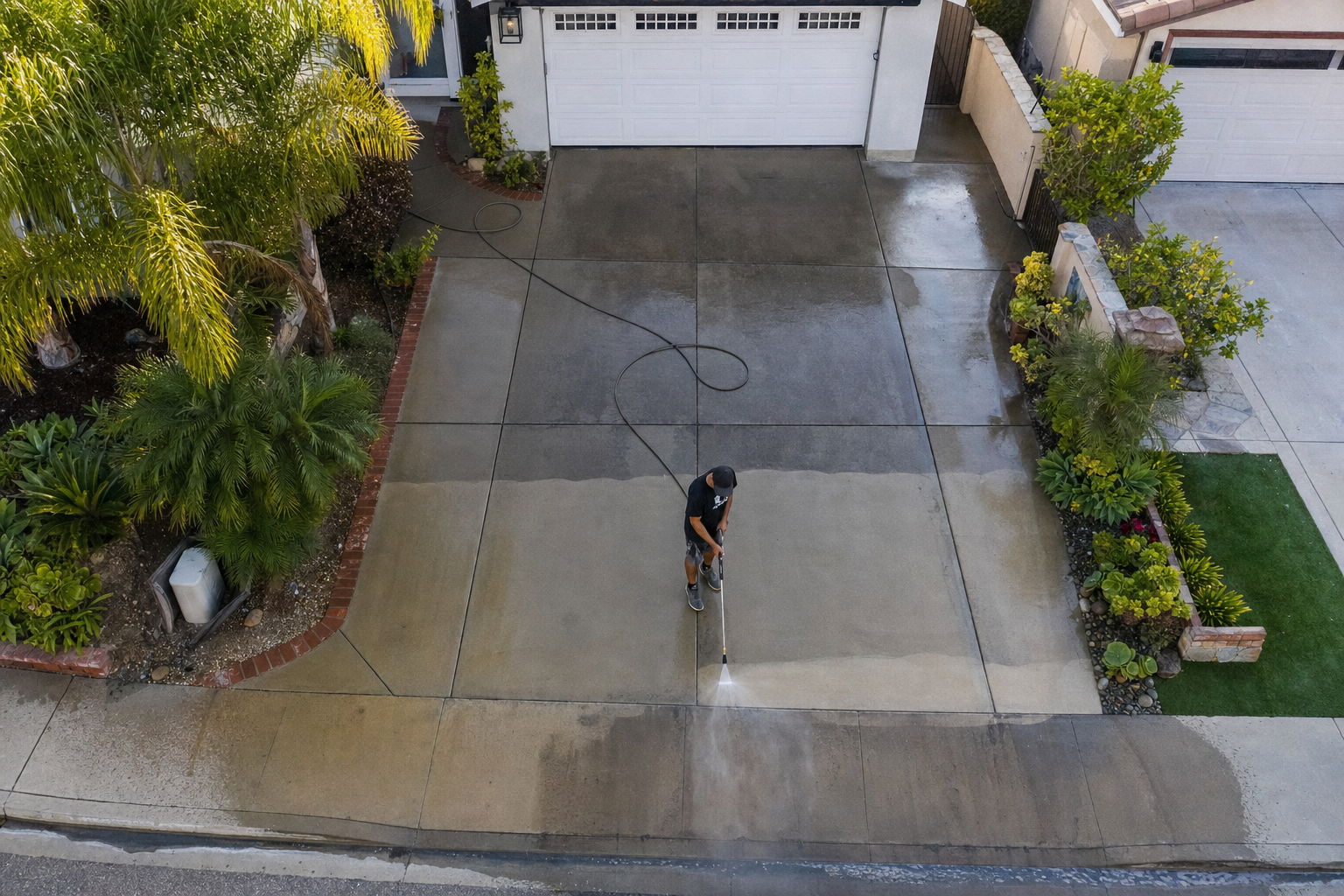 Overhead drone view of driveway being power washed